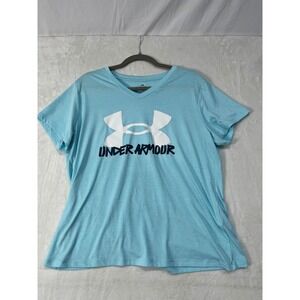 Under Armour Womens XL Blue Heather V-Neck Graphic Logo T-Shirt Loose Fit